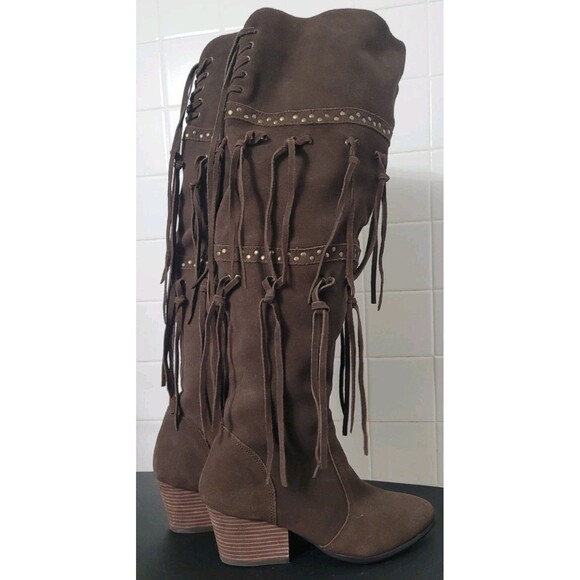 Anthropologie Mojo Moxy “Frilled” Brown Fringe Knee-High Boots 8.5 Boho Western - Picture 2 of 14